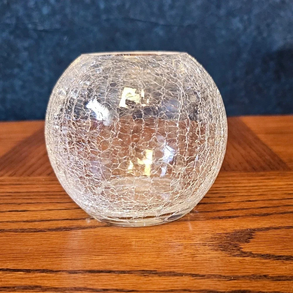 Clear Crackle Glass Globe Vase Votive Candle Holder Round 3.5 Inch Small Decor